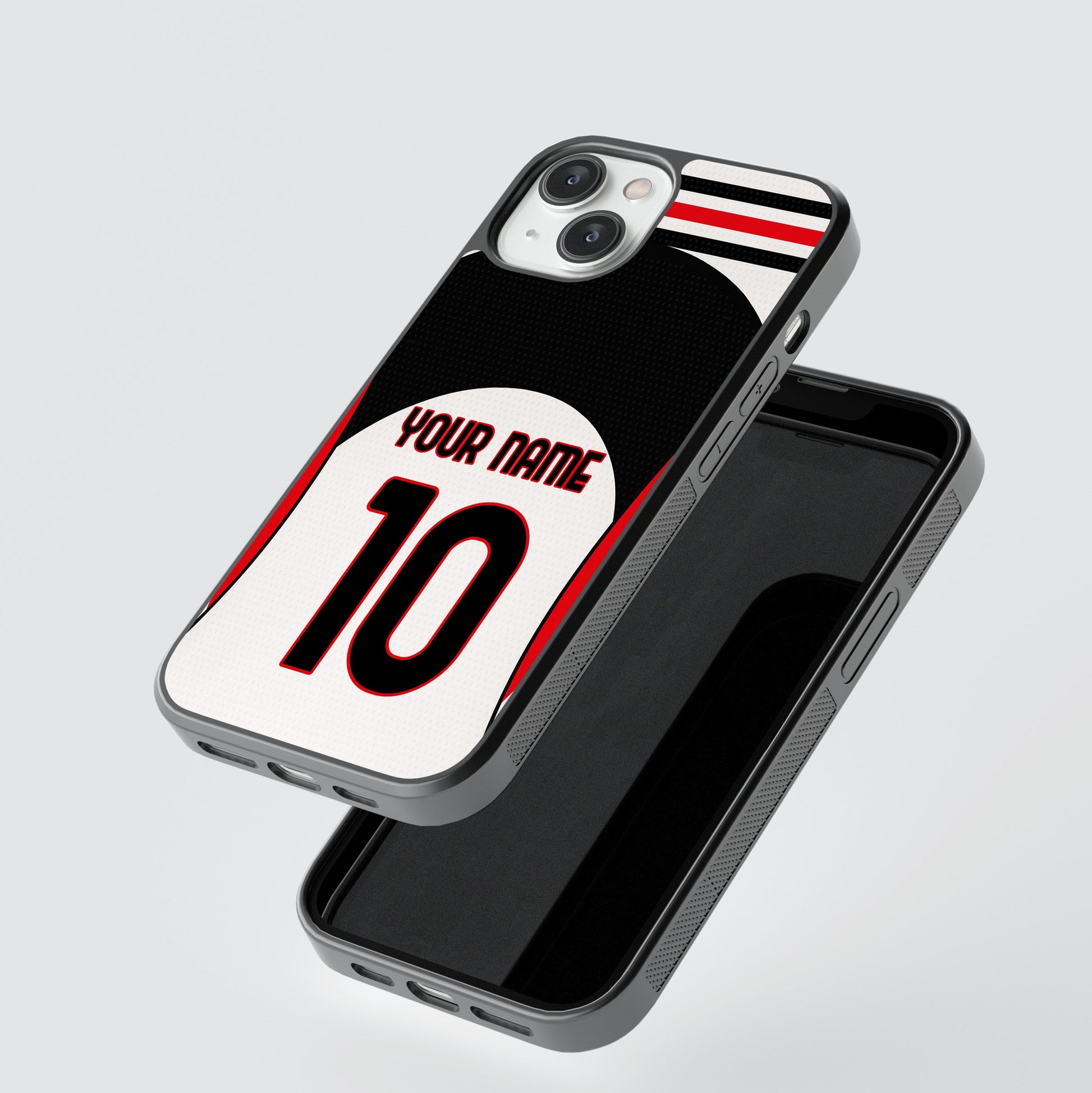 Phone case with customizable text on a light gray background