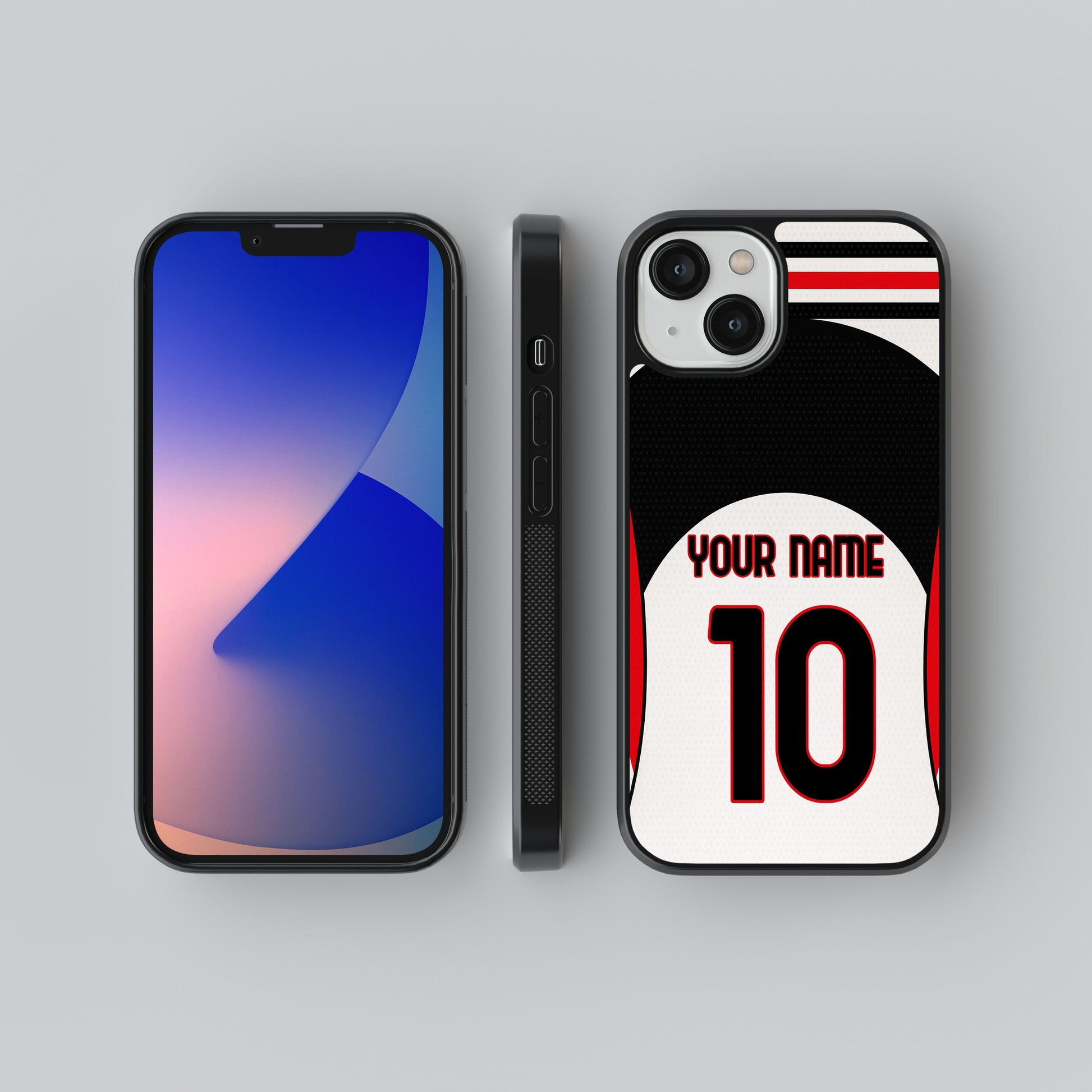 Phone case with customizable name and number design on a gray background