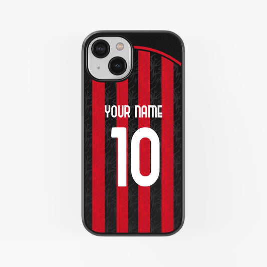 Phone case with red and black striped design, customizable text, on a white background