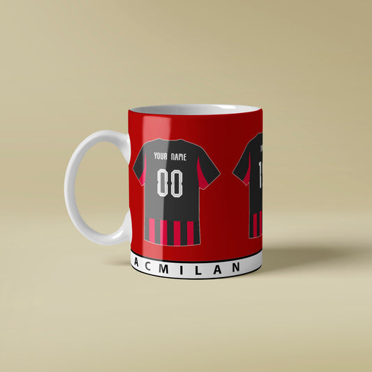 Red mug with sports jersey design on a beige background