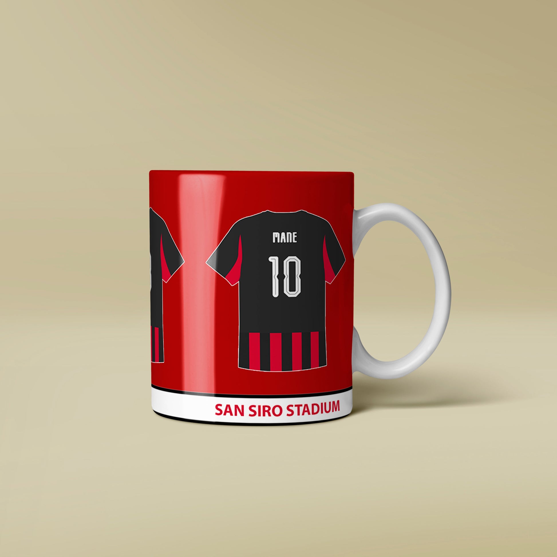 Mug with red and white design featuring a soccer jersey on a beige background