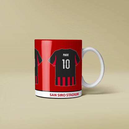 Mug with red and white design featuring a soccer jersey on a beige background