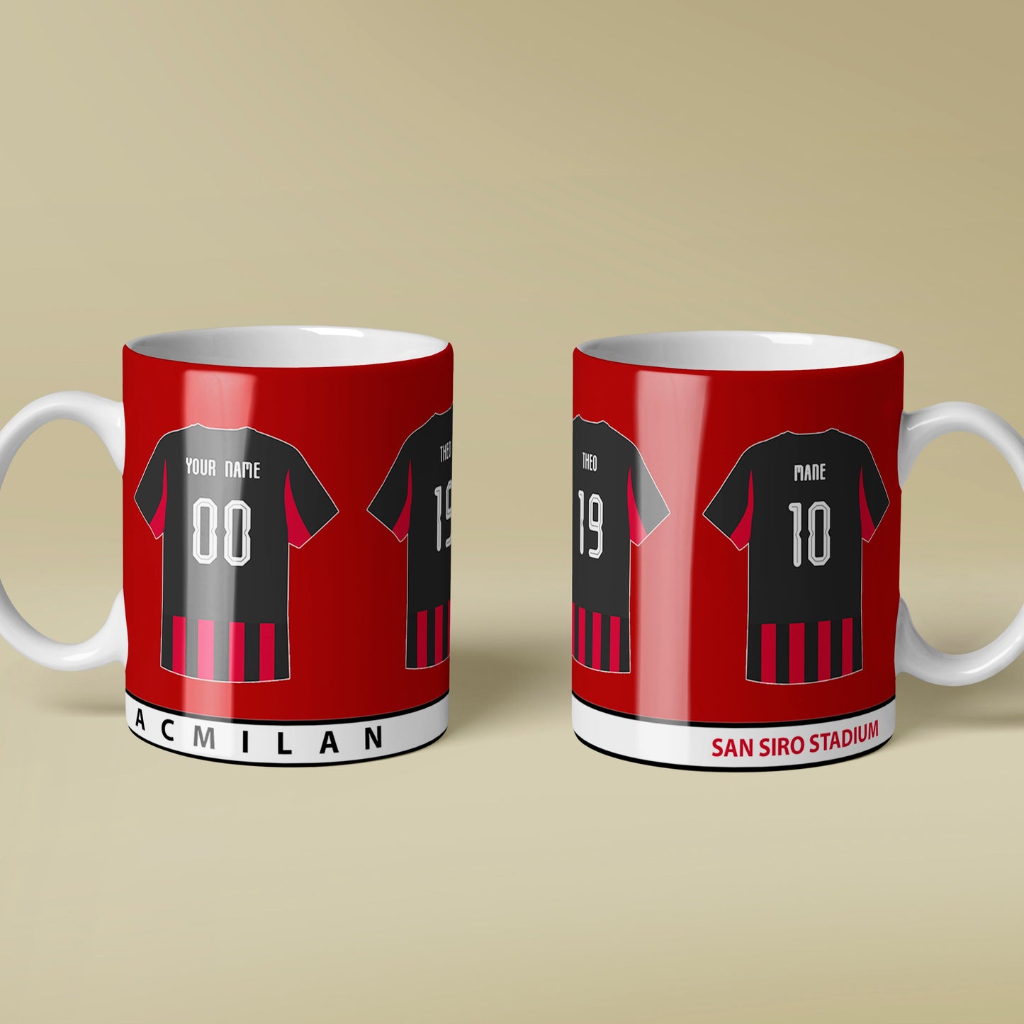 Two red and black coffee mugs with soccer team design on a beige background