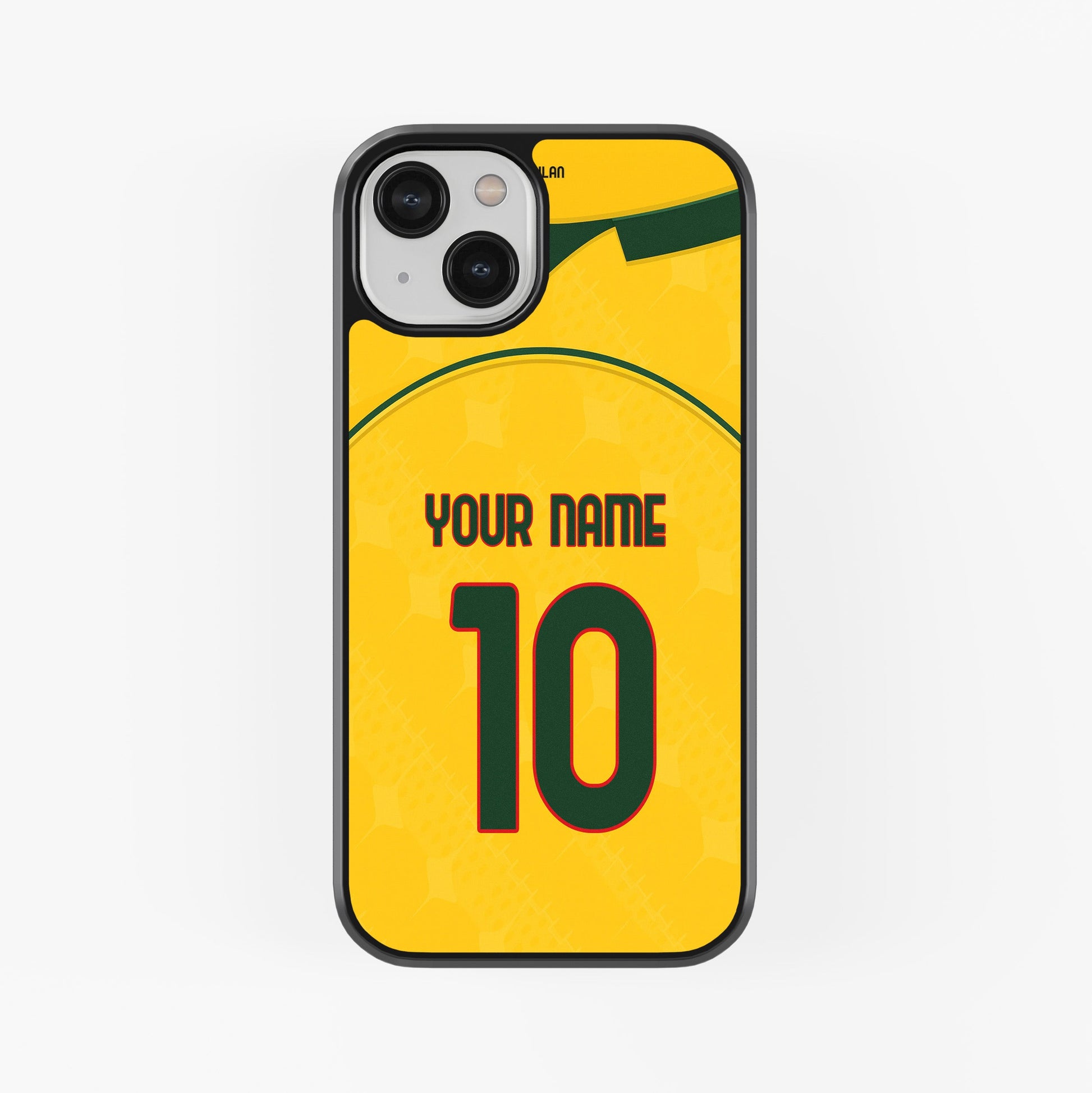 Phone case with yellow background, green accents, and customizable text on a white background