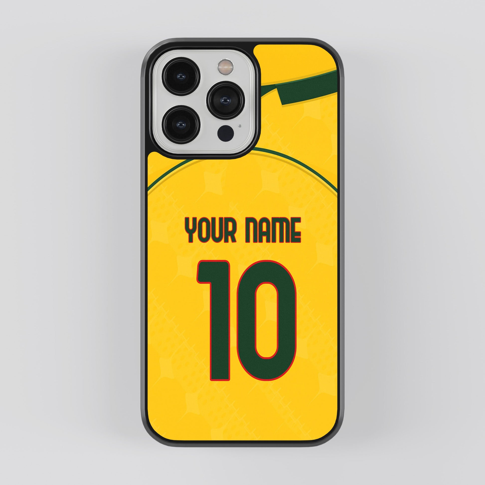 Phone case with a yellow and green design, featuring the number 10 and space for personalization on a gray background.