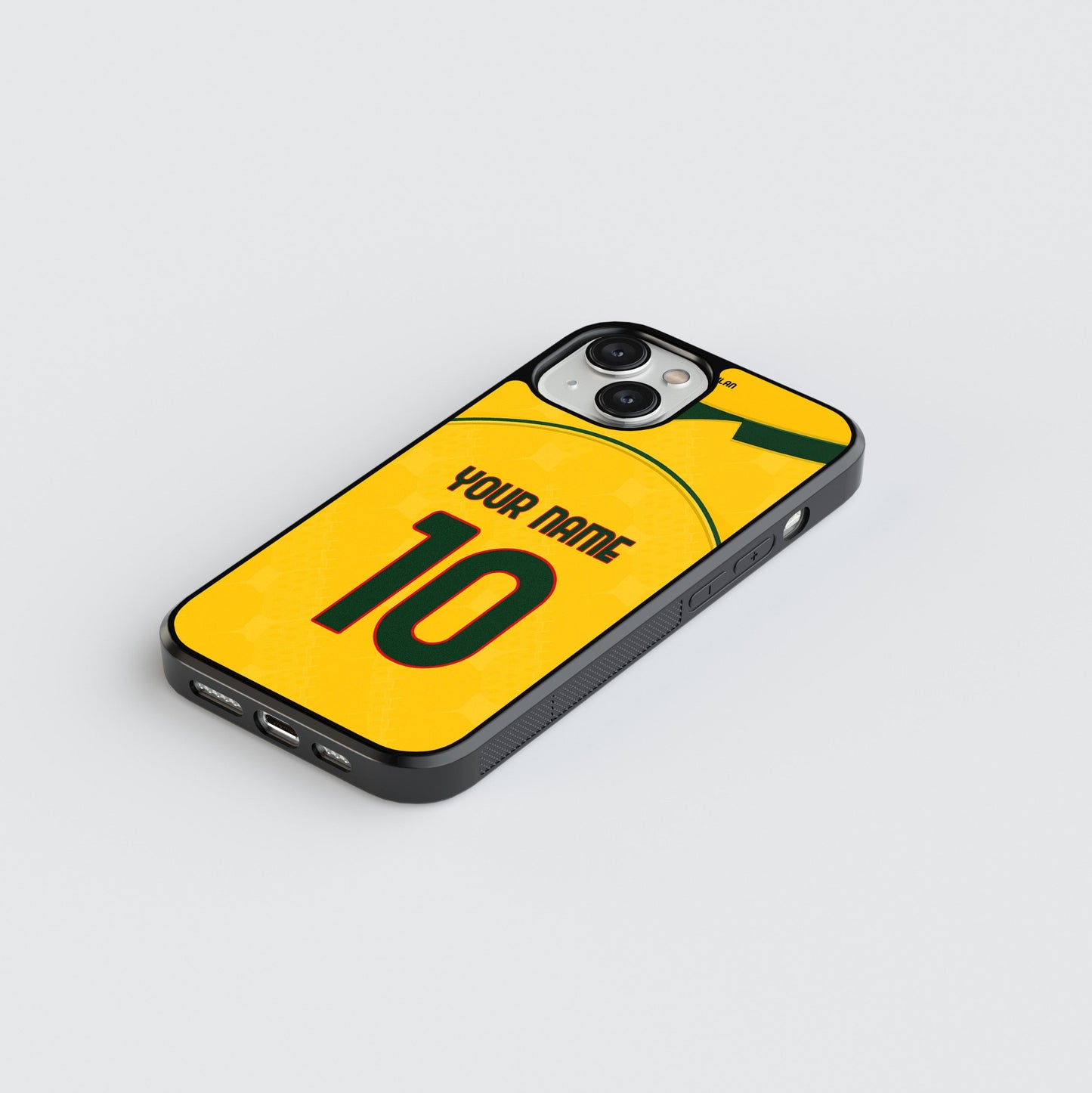 Phone case with customizable text on a light gray background