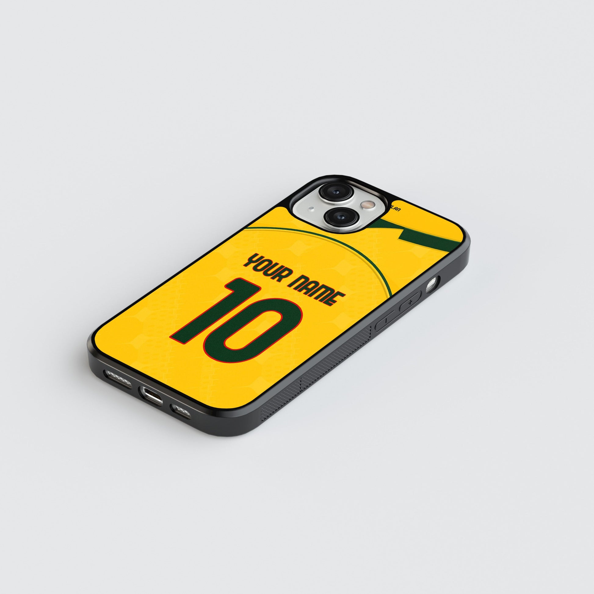 Phone case with customizable text on a light gray background