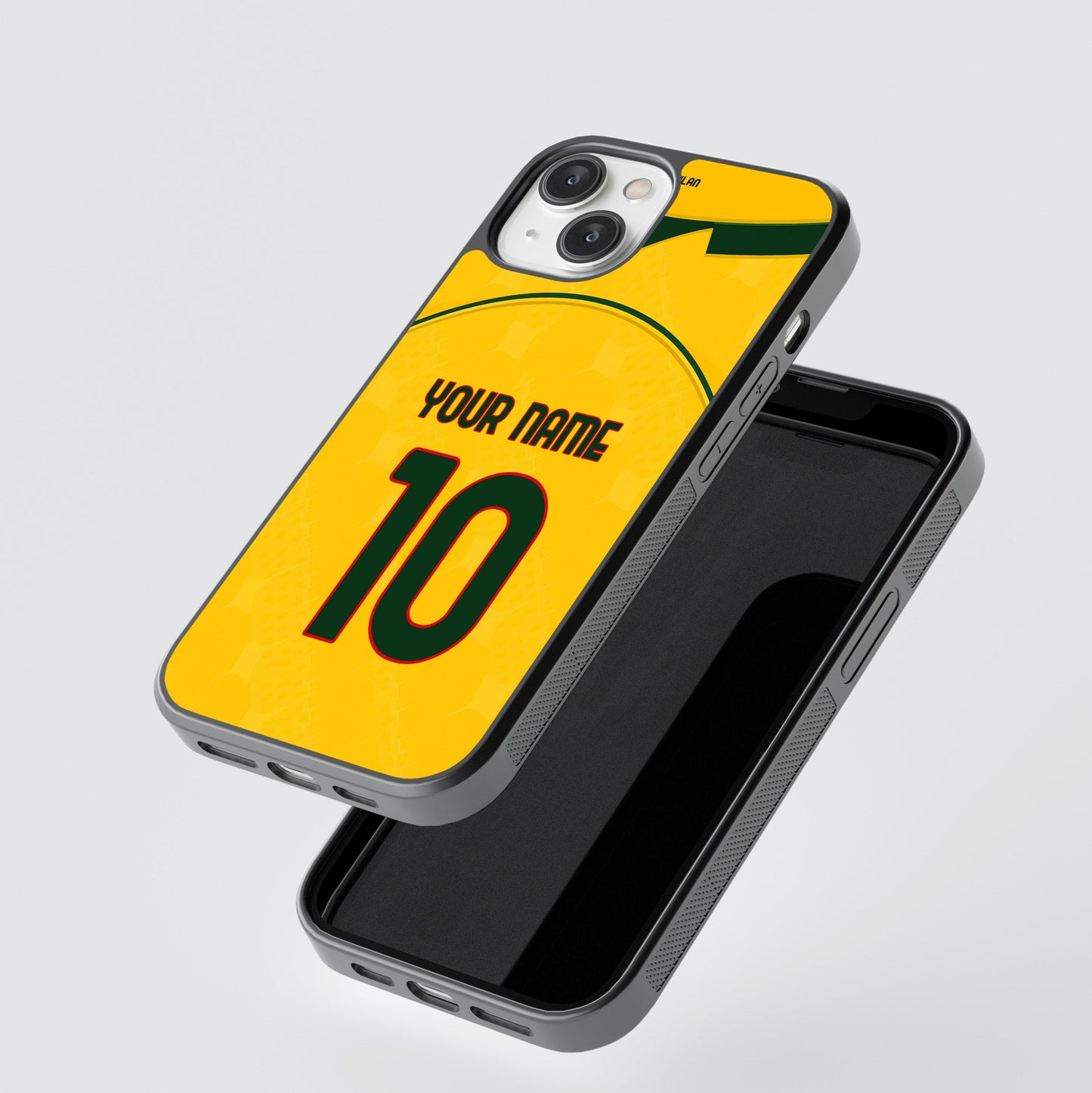 Phone case with customizable text on a gray background