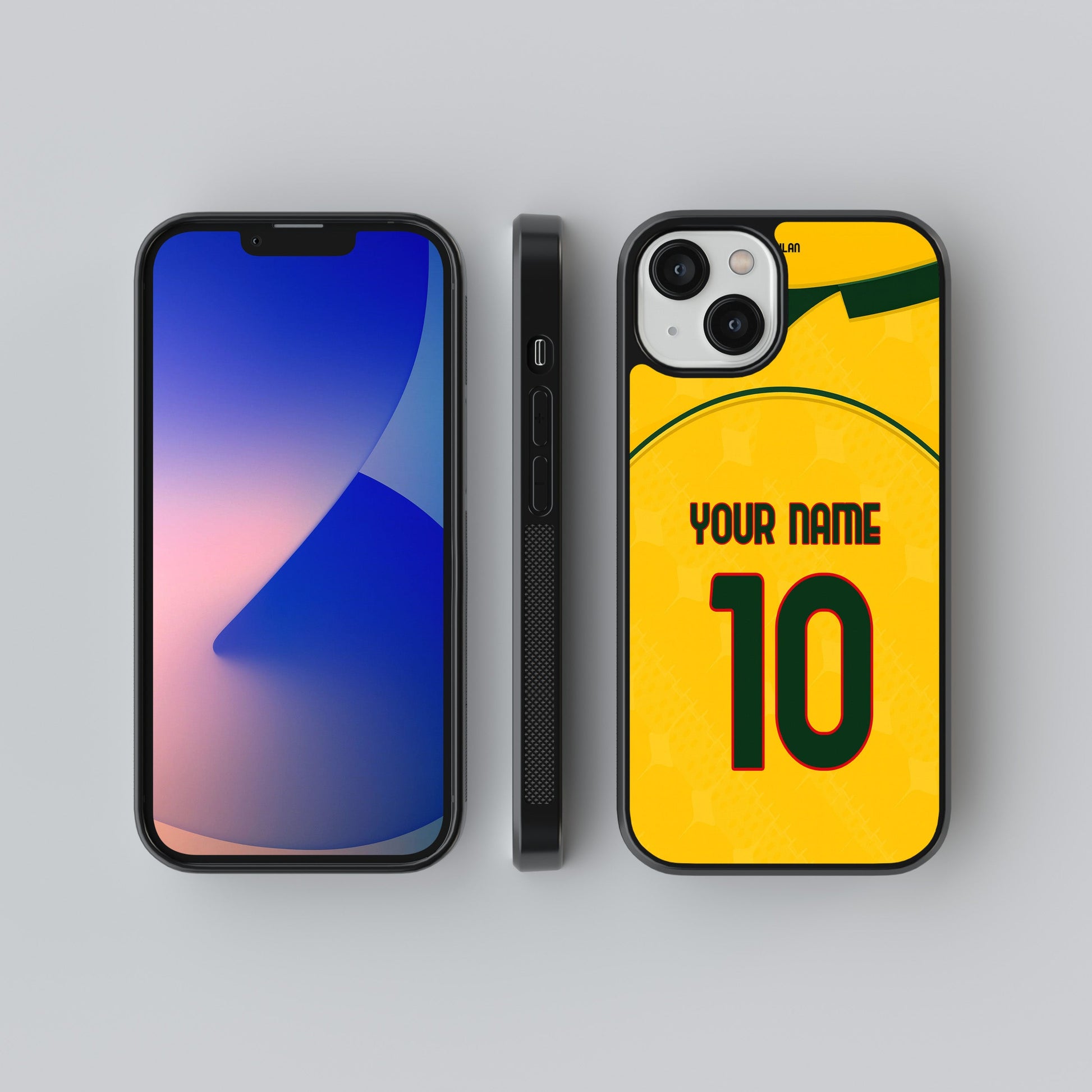 Phone case with customizable text on a gray background