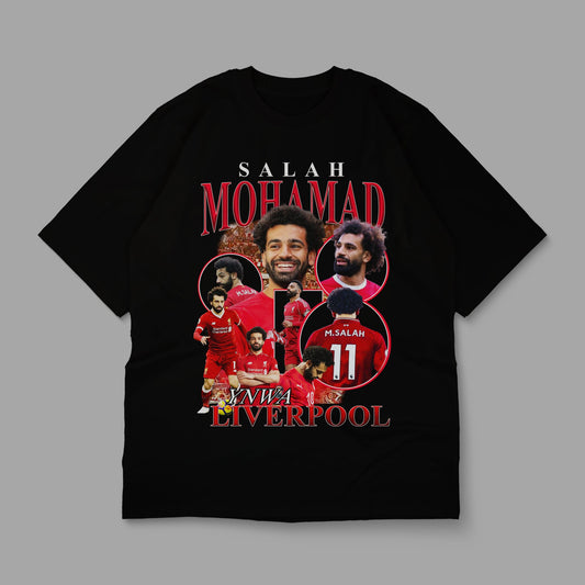 Black t-shirt with football player graphics and text on a gray background