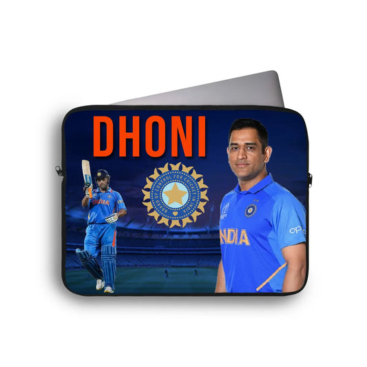 Laptop sleeve with images of a cricket player and the Indian flag on a white background