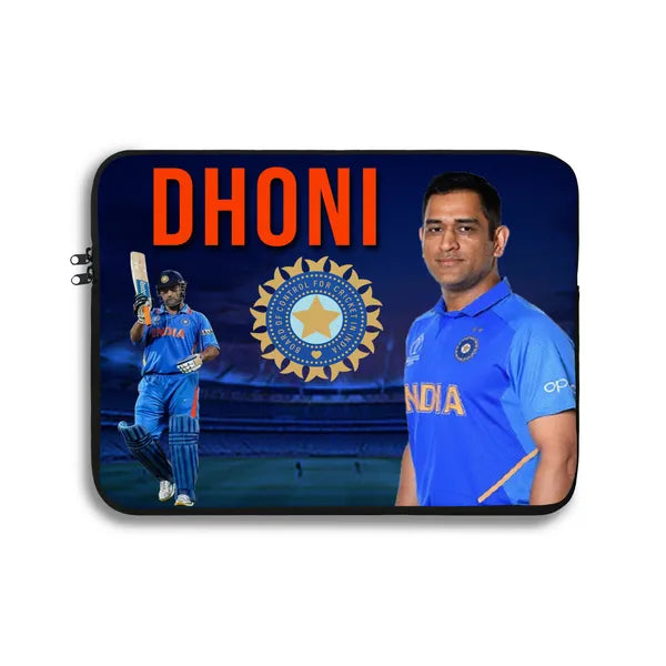Laptop sleeve with images of a cricket player and the Indian team logo, featuring the name 'DHONI'.