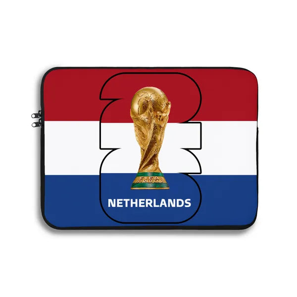 Laptop sleeve with World Cup trophy and Netherlands text on a red, white, and blue background
