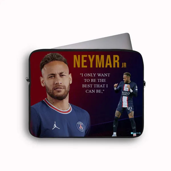 Laptop sleeve with Neymar Jr. image and quote on a red background