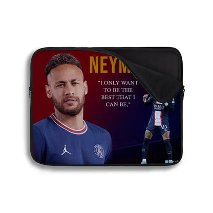 Laptop sleeve with Neymar Jr. image and quote on a red background
