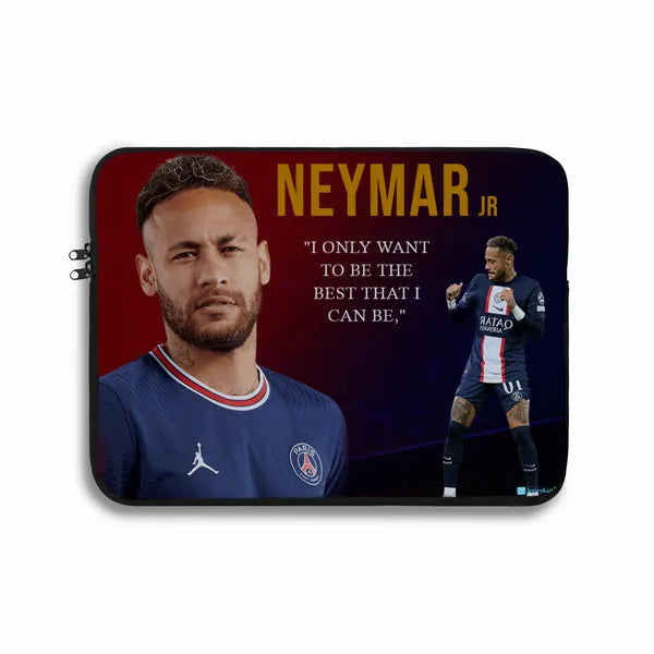 Laptop sleeve with Neymar Jr. image and quote on a dark background