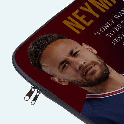 Laptop sleeve with a portrait of a person and text on a red background
