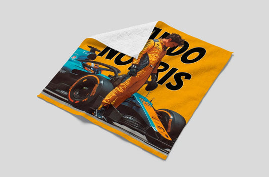 Fleece blanket with a Formula 1 car and driver on a gray background
