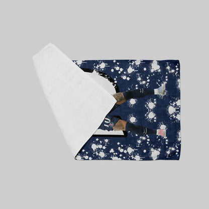 Navy blue fabric with white abstract patterns on a gray background