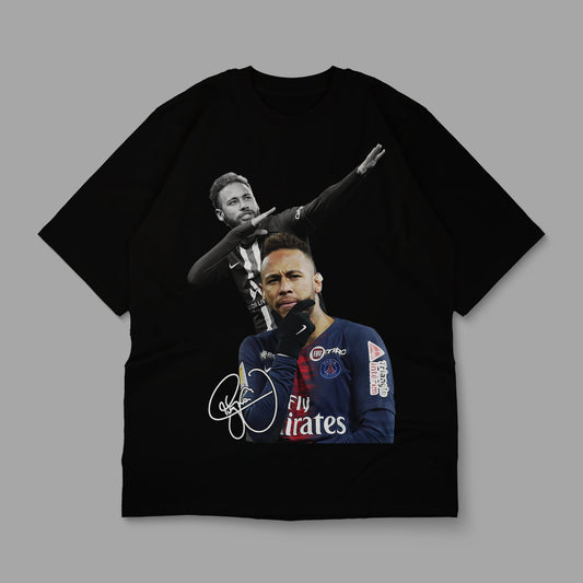 Black t-shirt with graphic of a person and a logo on a gray background