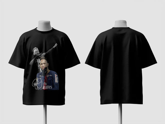 Black t-shirt with graphic design on a white background