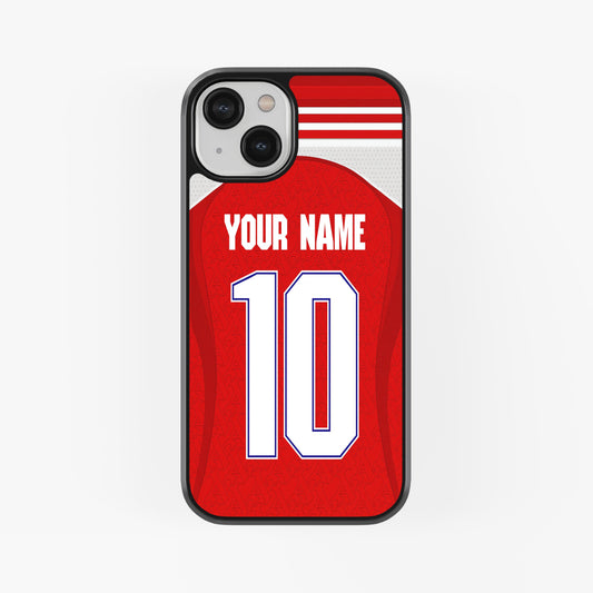 Phone case with red sports jersey design, customizable text, on a white background