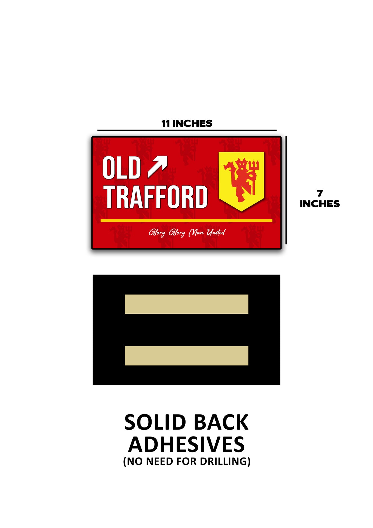 Two adhesive signs with Manchester United logo and text on a white background