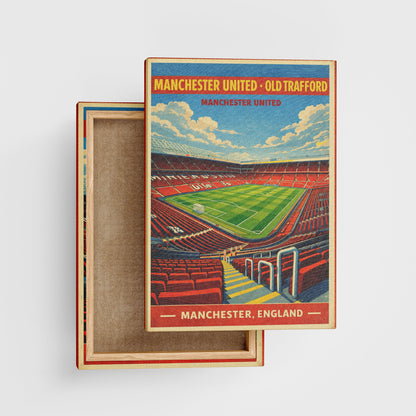 Wooden box with a Manchester United Old Trafford stadium print on a white background
