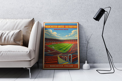 Framed poster of a stadium in a living room setting with a sofa and lamp.