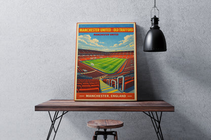 Poster of Manchester United's Old Trafford stadium on a wooden table against a gray wall.