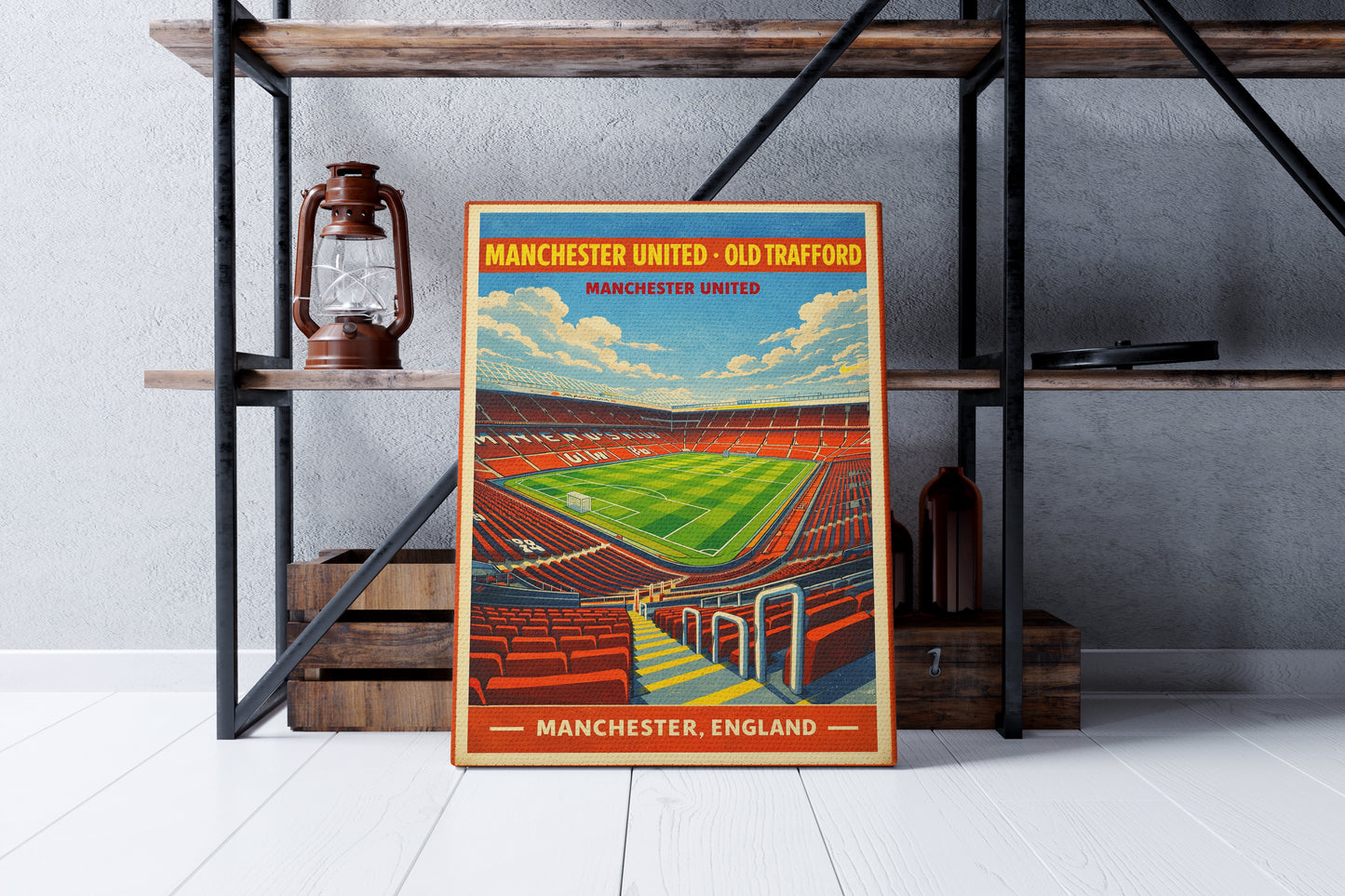 Manchester United Old Trafford poster on a shelf with a lantern and wooden crate.