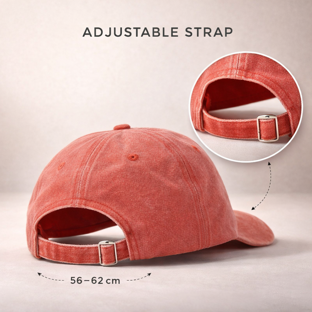 Red cap with adjustable strap on a beige background