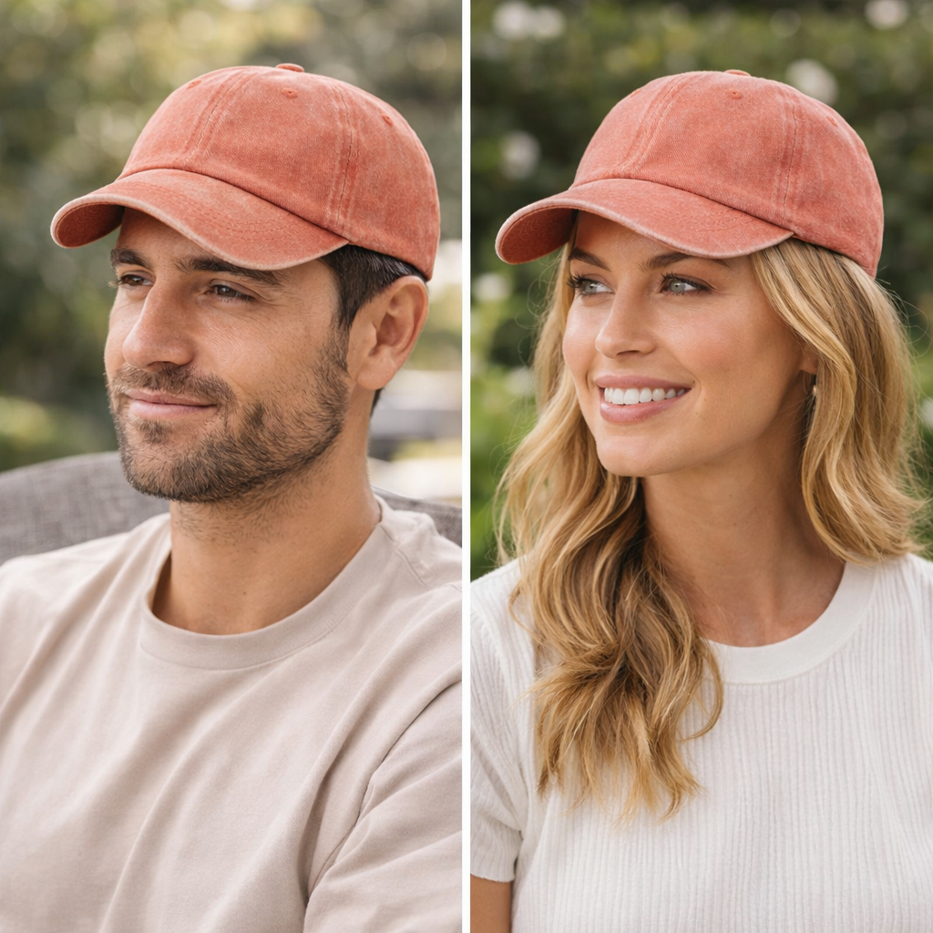 Two people wearing pink baseball caps outdoors with a blurred natural background