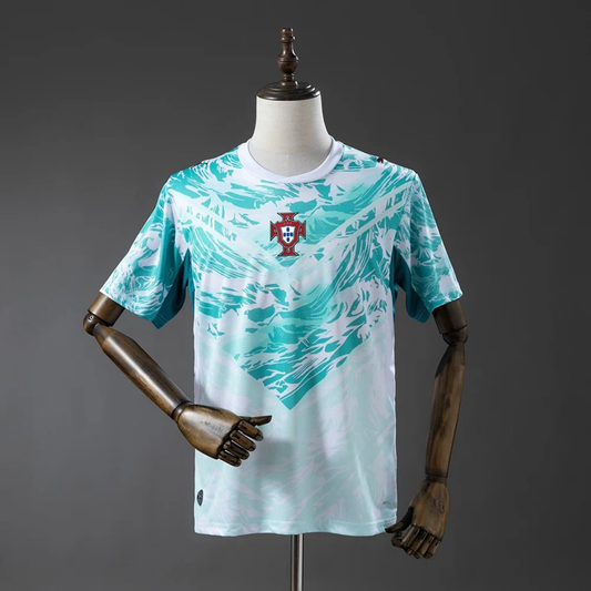 Teal and white sports jersey with a logo on a mannequin against a gray background