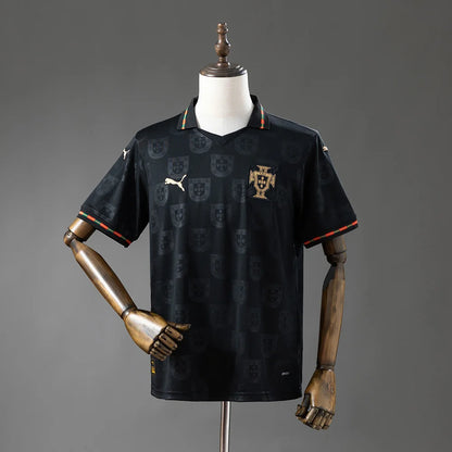 Black sports jersey on a mannequin with a gray background