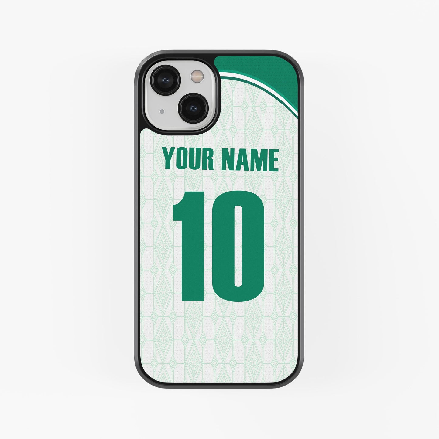 Phone case with customizable name and number on a light green background