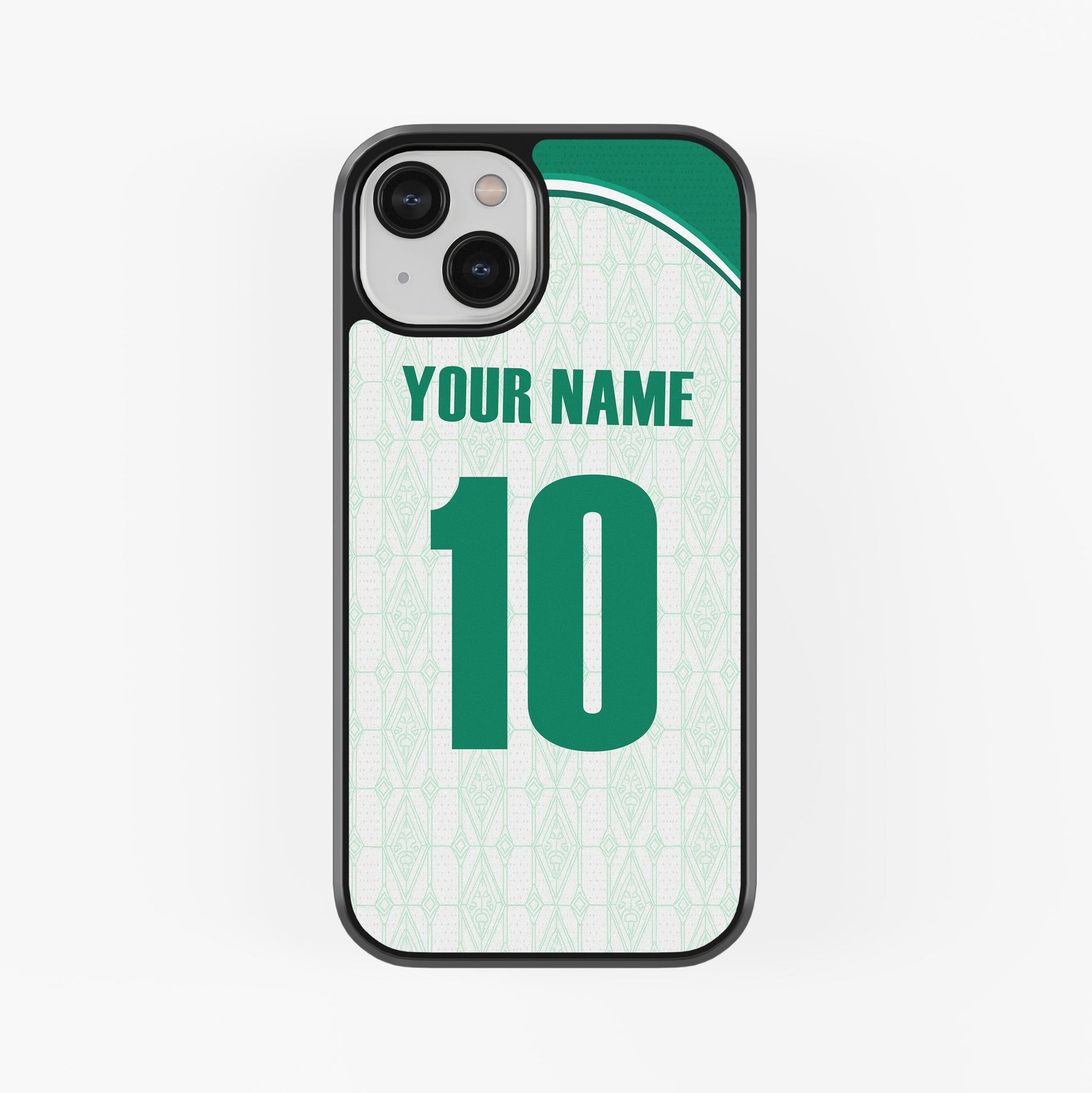 Phone case with customizable name and number on a light green background
