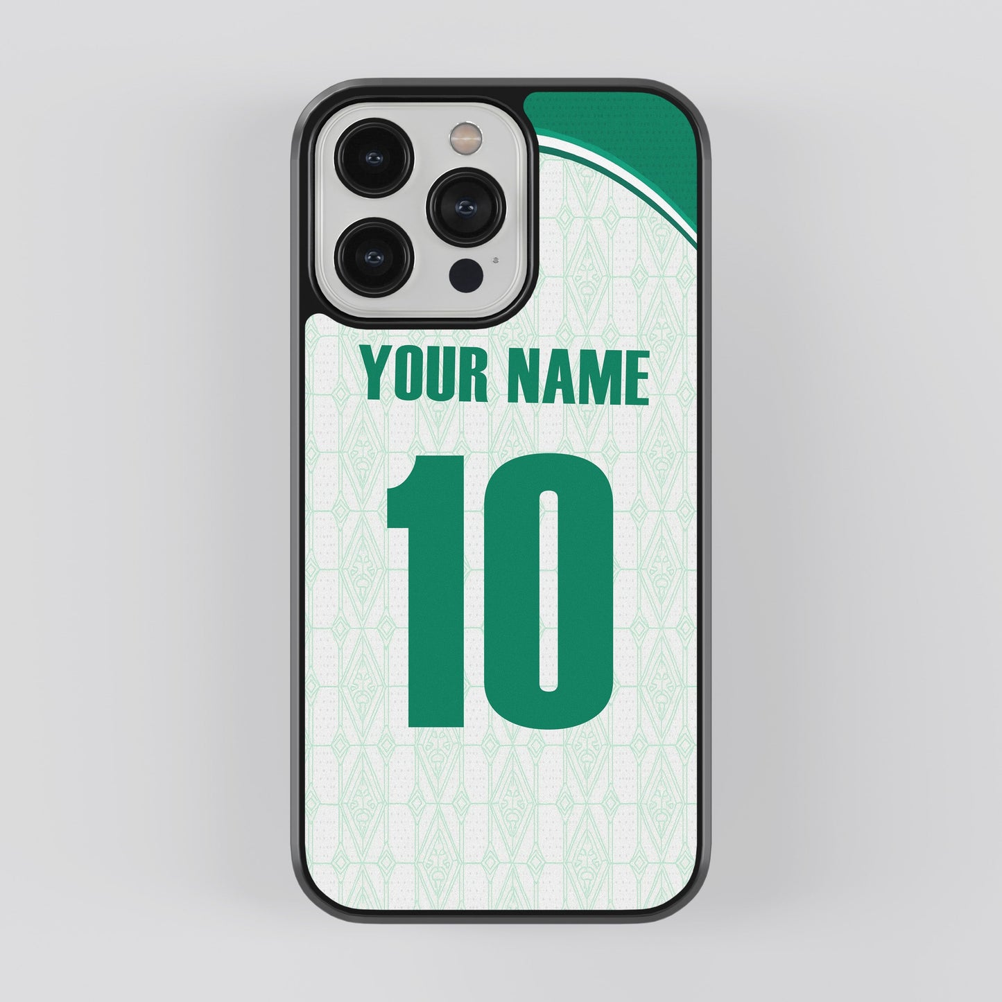 Phone case with customizable name and number on a light gray background