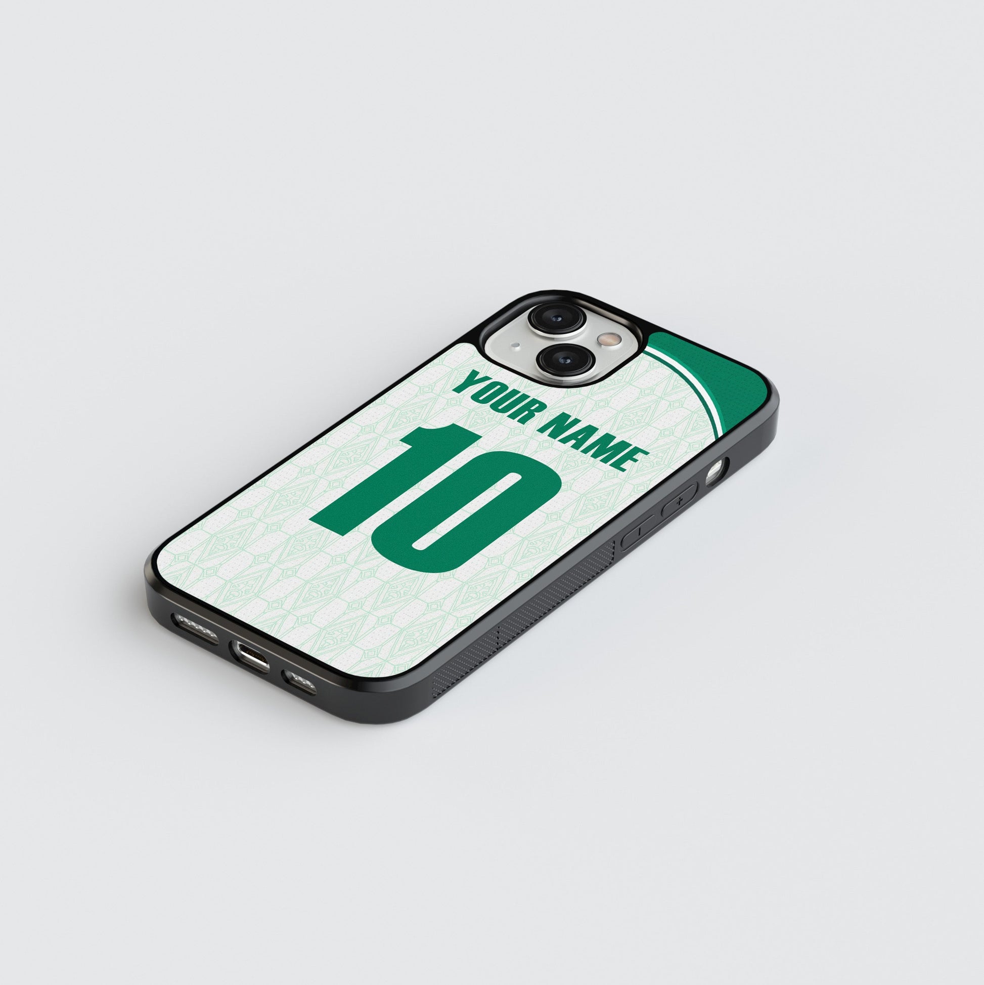 Phone case with customizable text on a light gray background