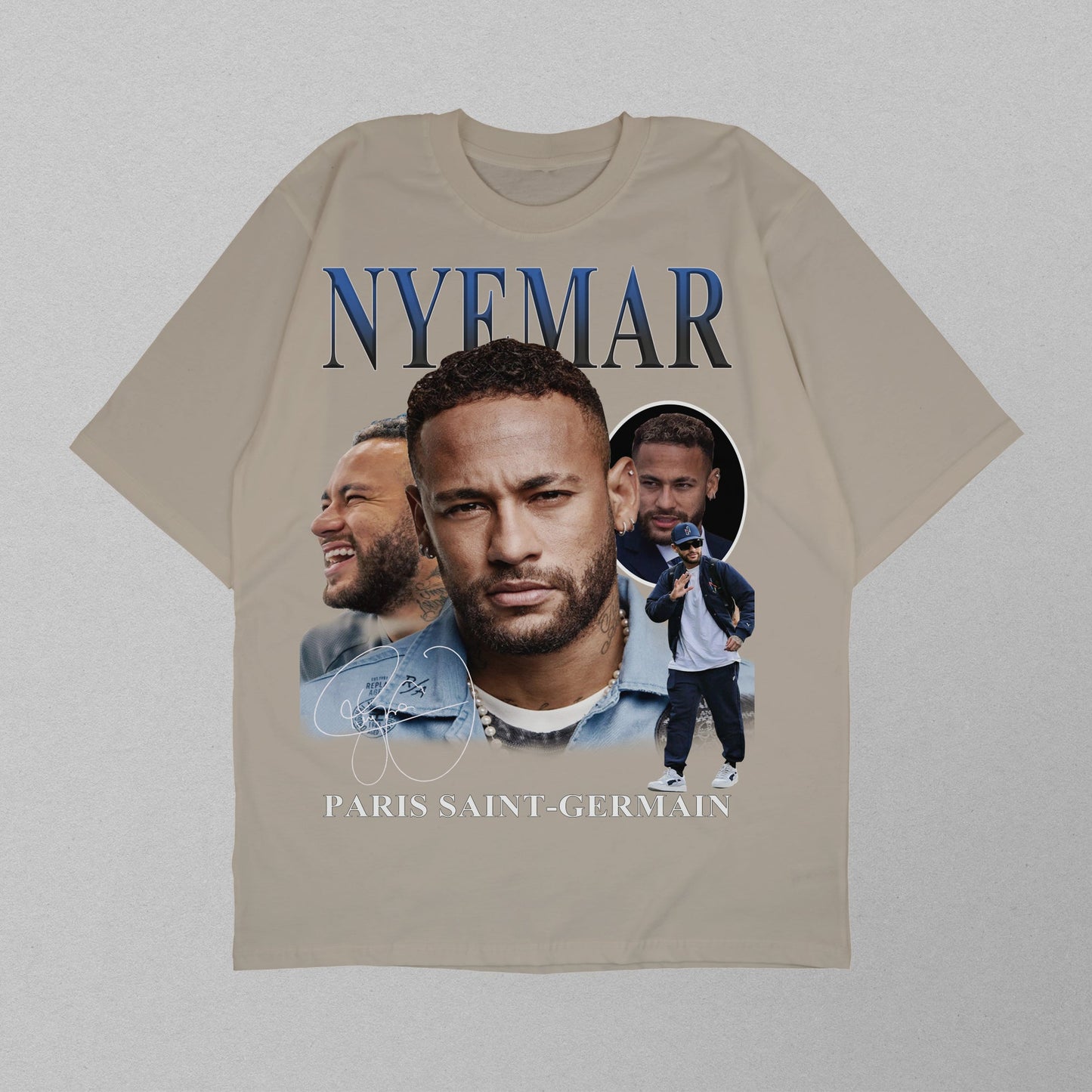 Beige t-shirt with images of a person and text on a light gray background