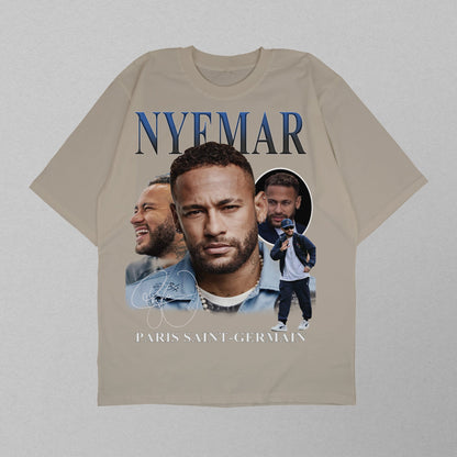 Beige t-shirt with images of a person and text on a light gray background