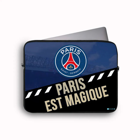 Laptop sleeve with Paris Saint-Germain logo and 'Paris Est Magique' text on a blue background