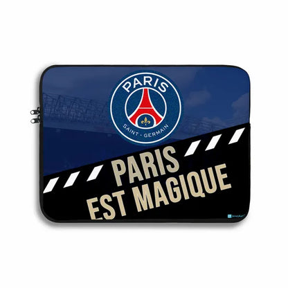 Laptop sleeve with Paris Saint-Germain logo and 'Paris est Magique' text on a blue and black background