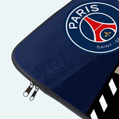 Navy blue pouch with Paris Saint-Germain logo on a light gray background