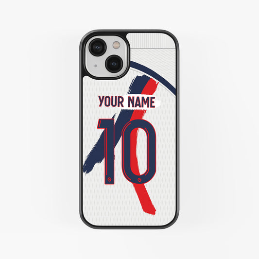 Phone case with customizable text on a white background