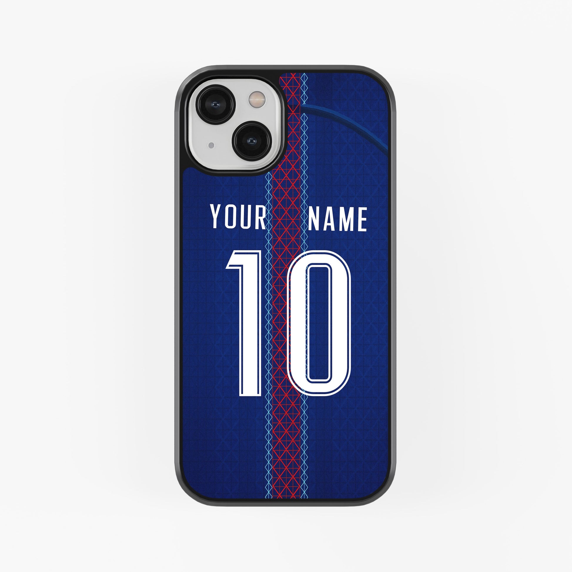 Phone case with customizable name and number on a blue background