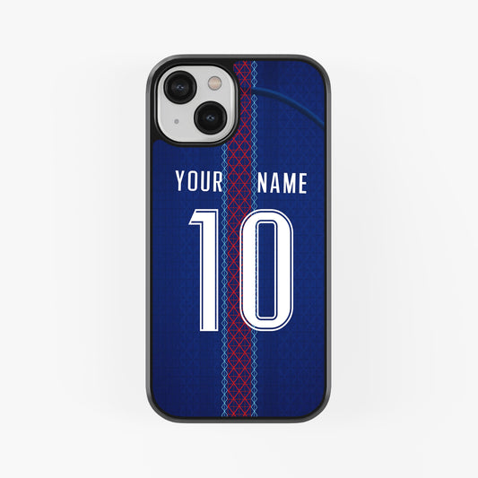 Phone case with customizable name and number on a blue background