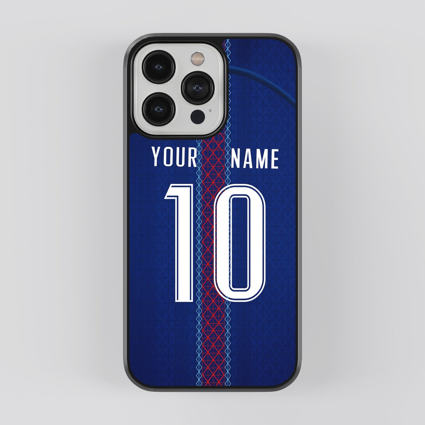 Phone case with customizable text on a blue background