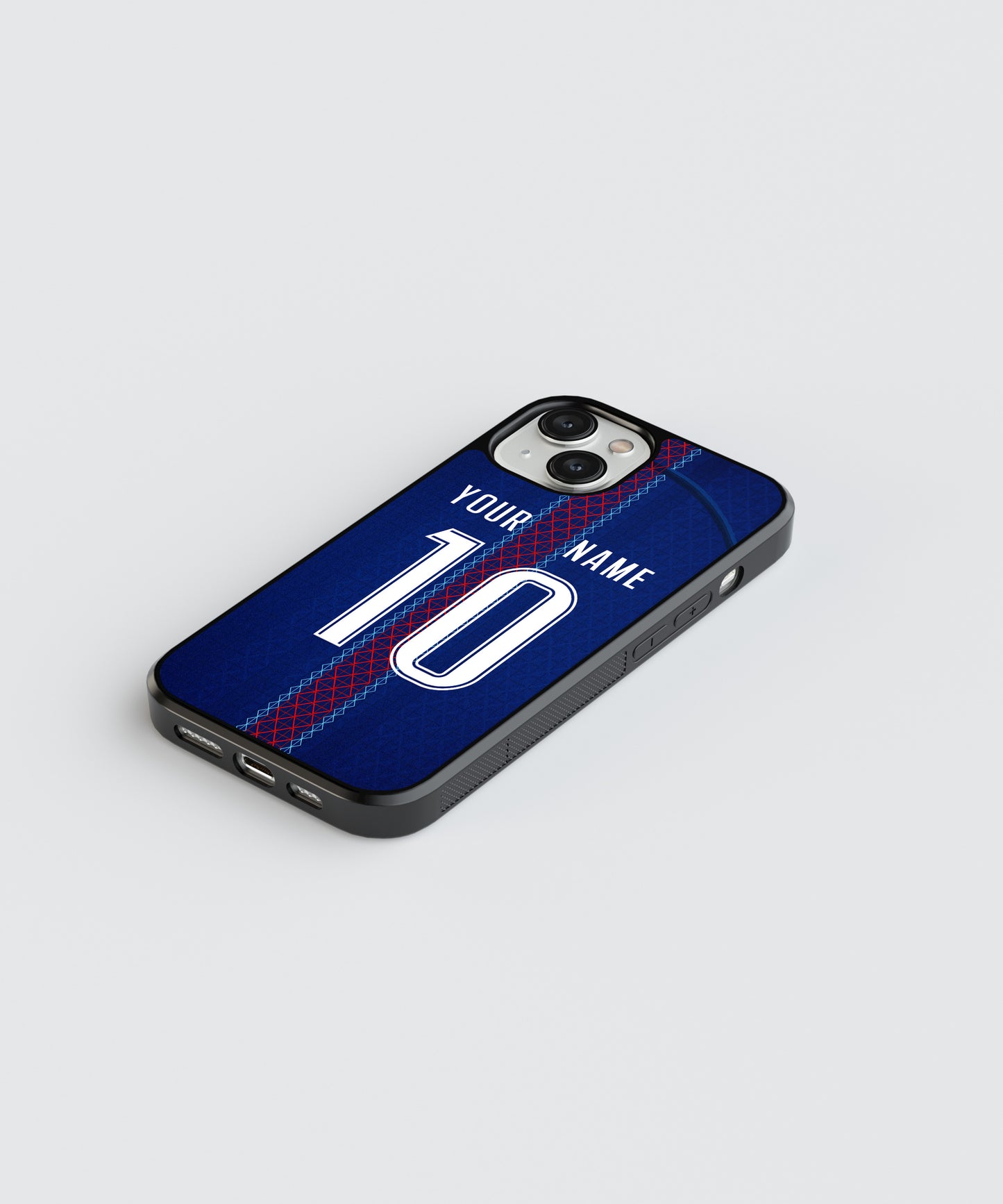 Phone case with customizable text on a white background