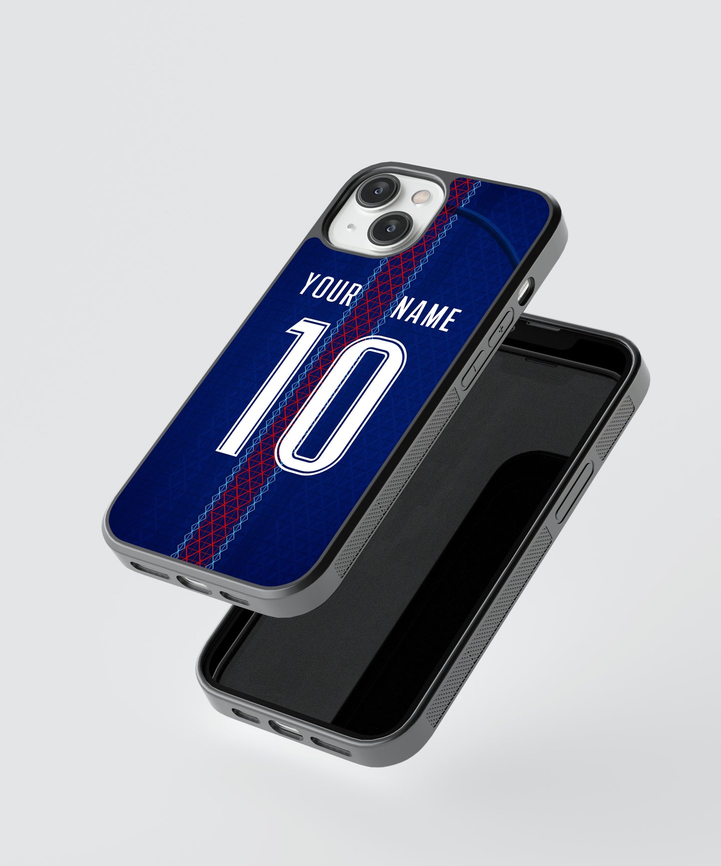 Phone case with customizable name and number on a gray background
